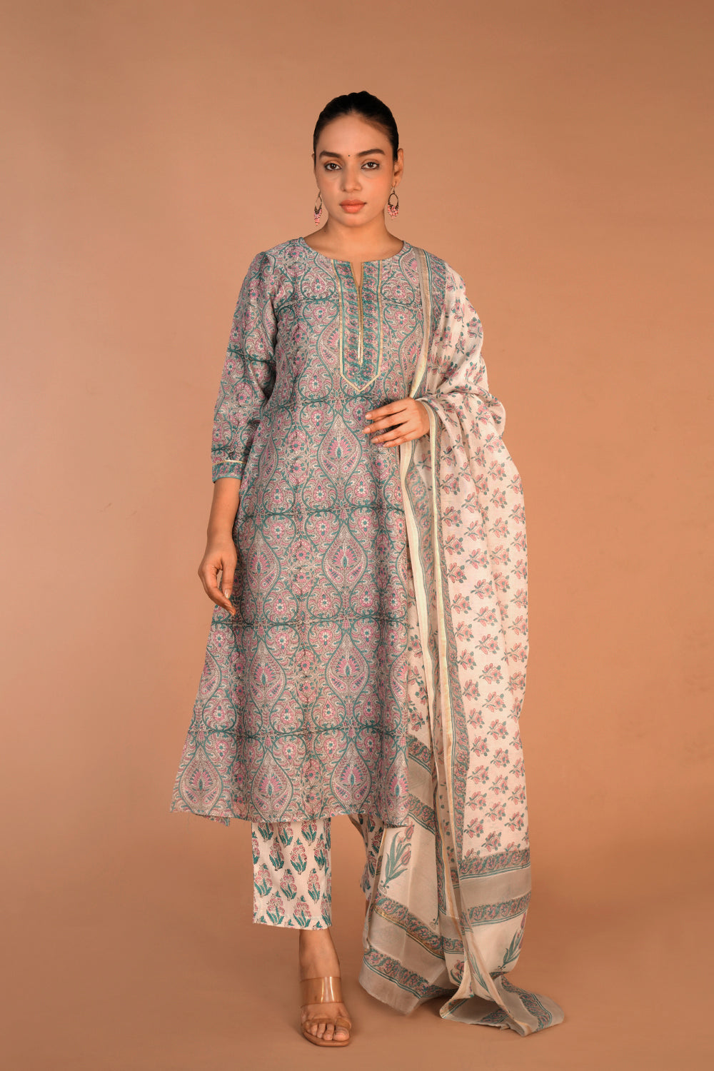 Image of Grey Chanderi handblock printed Kurta set